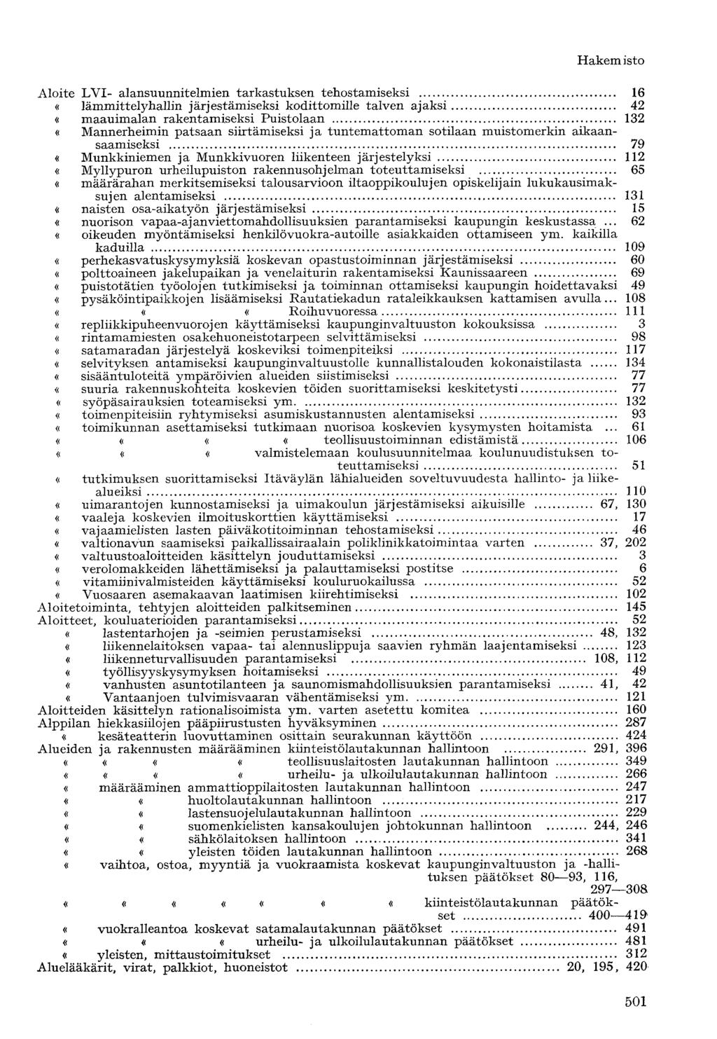 Aloite LVI- alansuunnitelmien tarkastuksen tehostamiseksi 16 «lämmittelyhallin järjestämiseksi kodittomille talven ajaksi 42 «maauimalan rakentamiseksi Puistolaan 132 «Mannerheimin patsaan