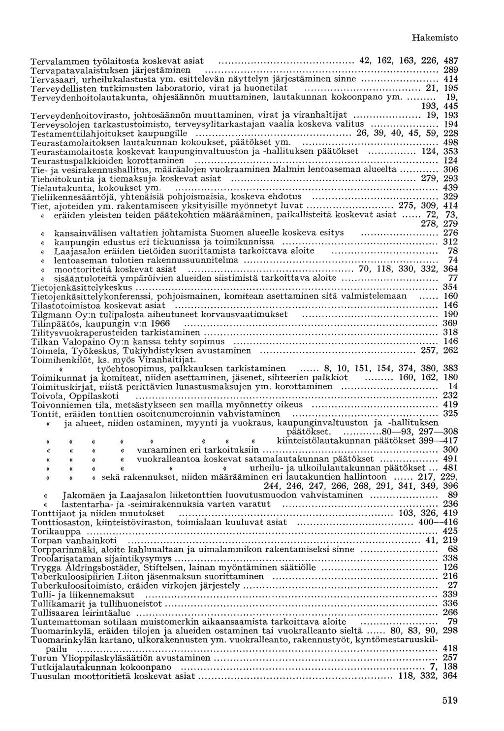 Tervalammen työlaitosta koskevat asiat 42, 162, 163, 226, 487 Tervapatavalaistuksen järjestäminen 289 Tervasaari, urheilukalastusta ym.