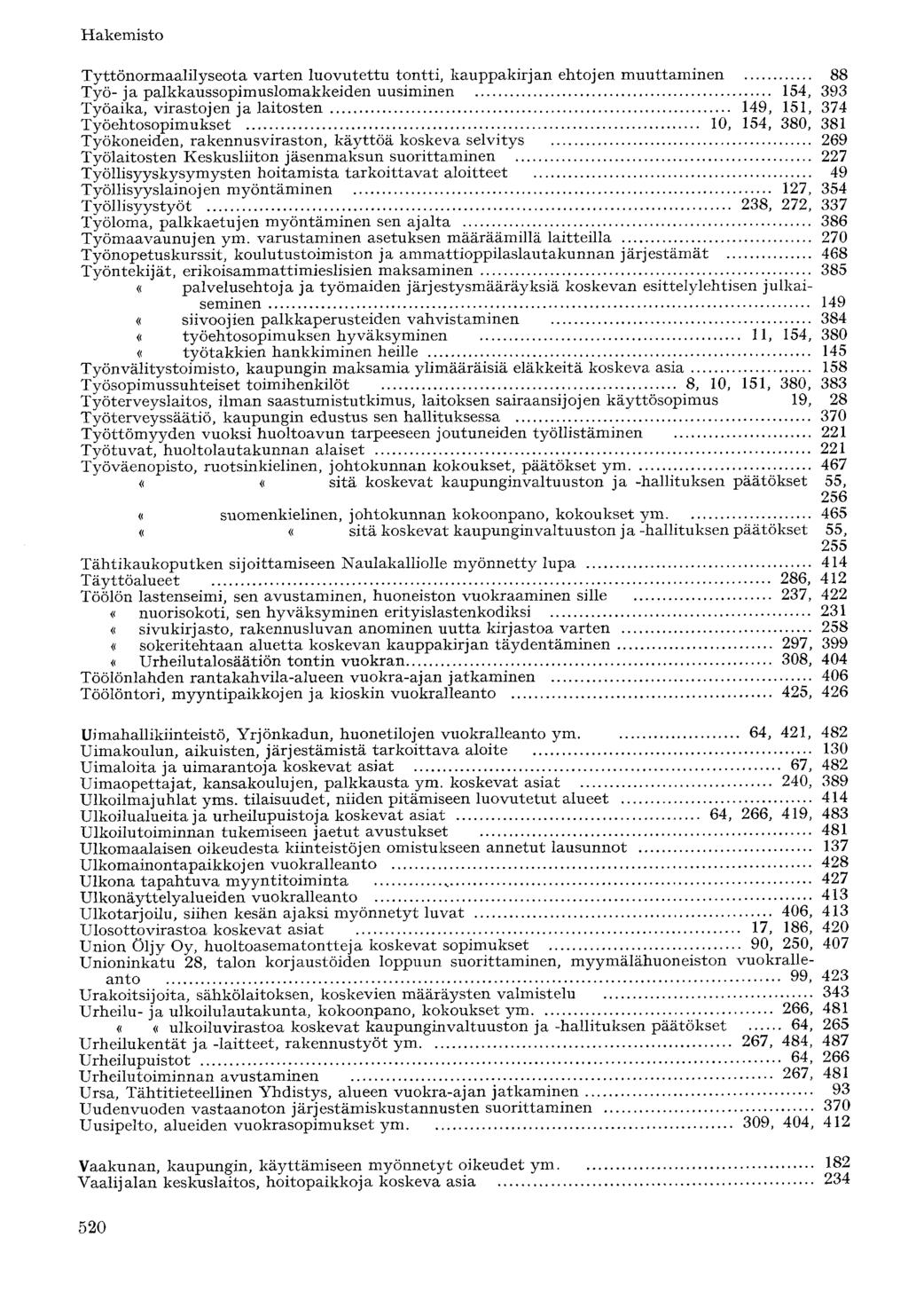 Tyttönormaalilyseota varten luovutettu tontti, kauppakirjan ehtojen muuttaminen 88 Työ- ja palkkaussopimuslomakkeiden uusiminen 154, 393 Työaika, virastojen ja laitosten 149, 151, 374