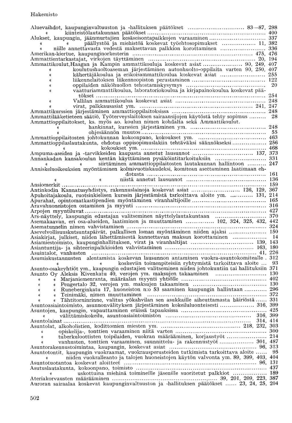 Aluevaihdot, kaupunginvaltuuston ja -hallituksen päätökset 83 87, 298 «kiinteistölautakunnan päätökset 400 Alukset, kaupungin, jäänmurtajien kesäseisontapaikkojen varaaminen 337 ««päällystöä ja