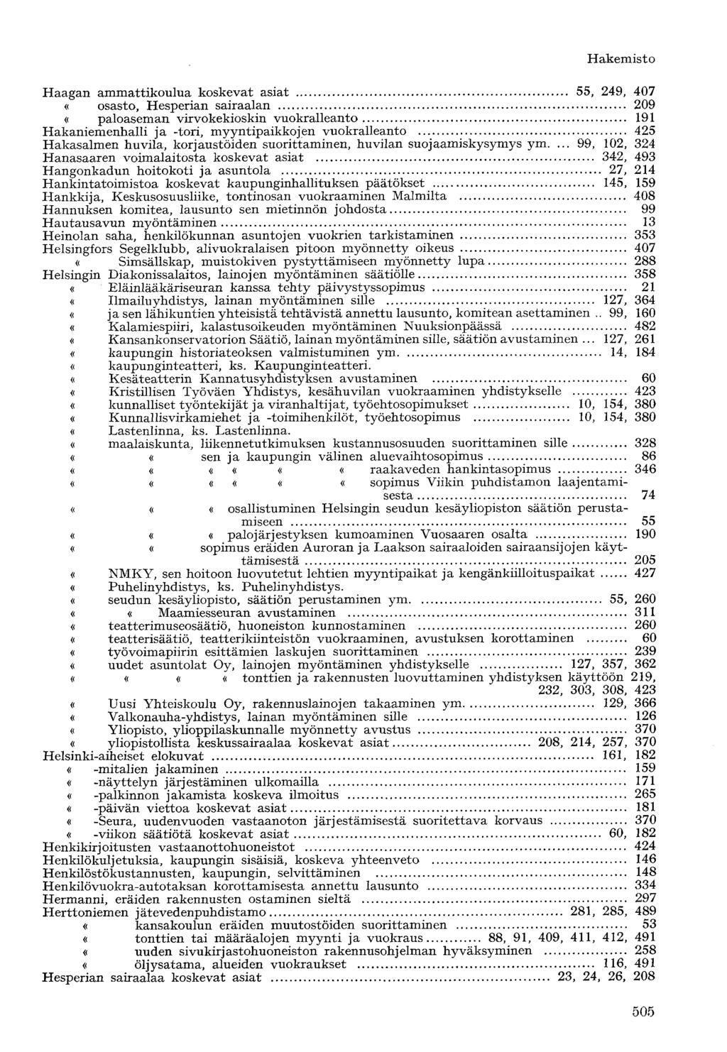 Haagan ammattikoulua koskevat asiat 55, 249, 407 «osasto, Hesperian sairaalan 209 «paloaseman virvokekioskin vuokralleanto 191 Hakaniemenhalli ja -tori, myyntipaikkojen vuokralleanto 425 Hakasalmen