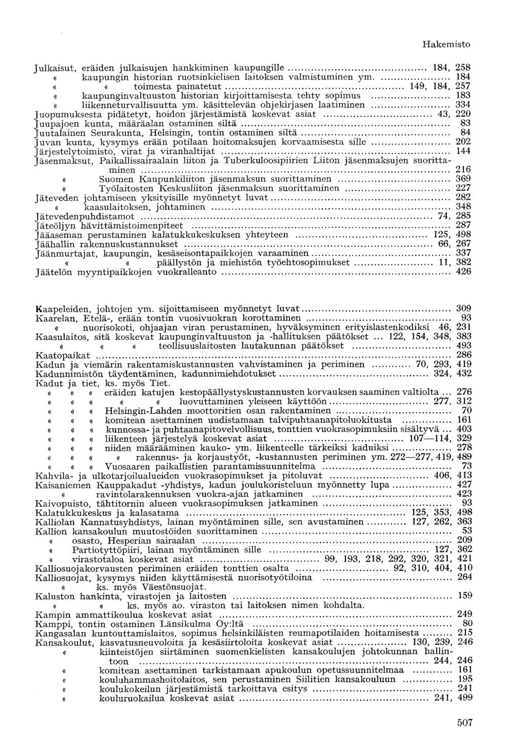 Julkaisut, eräiden julkaisujen hankkiminen kaupungille 184, 258 «kaupungin historian ruotsinkielisen laitoksen valmistuminen ym 184 ««toimesta painatetut 149, 184, 257 «kaupunginvaltuuston historian