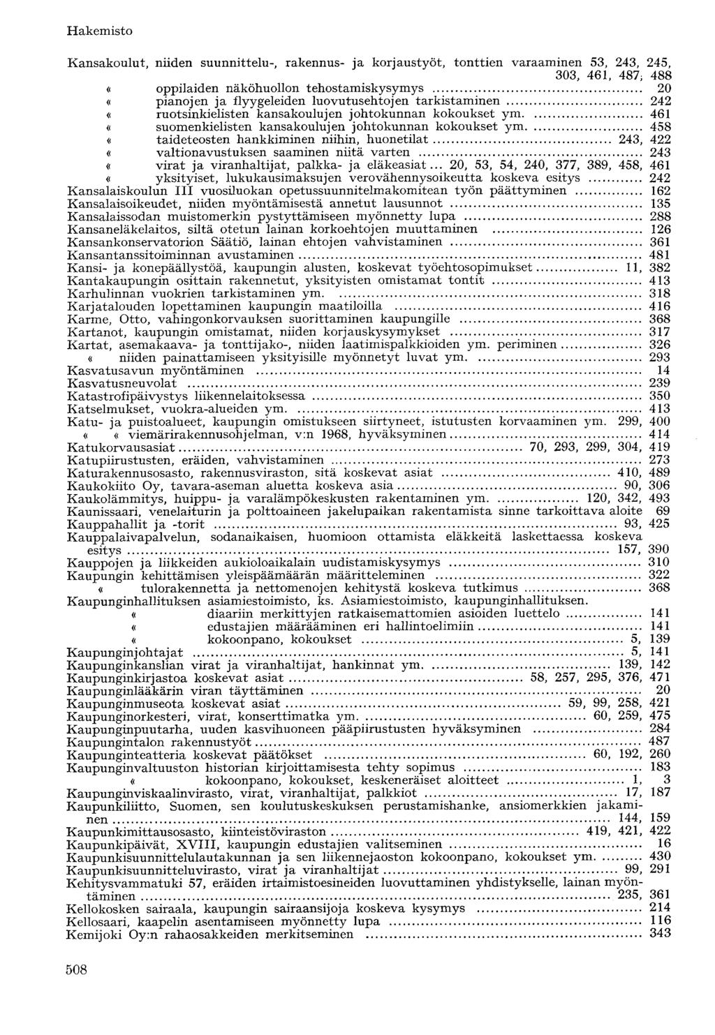 Kansakoulut, niiden suunnittelu-, rakennus- ja korjaustyöt, tonttien varaaminen 53, 243, 245, 303, 461, 487; 488 «oppilaiden näköhuollon tehostamiskysymys 20 «pianojen ja flyygeleiden luovutusehtojen