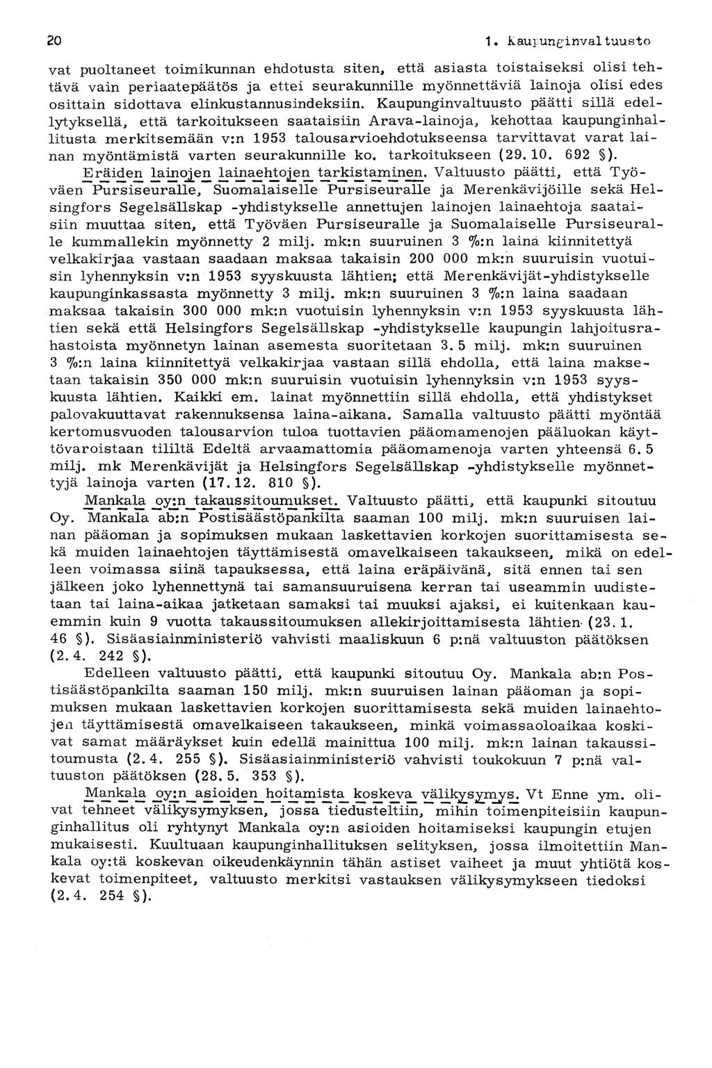 20 1. K au pun i n v ai tuust o vat puoltaneet toimikunnan ehdotusta siten, että asiasta toistaiseksi olisi tehtävä vain periaatepäätös ja ettei seurakunnille myönnettäviä lainoja olisi edes osittain