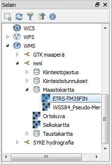 Käikki luodut WMS-yhteydet näkyvät QGIS-ohjelmässä Seläin-ikkunässä.