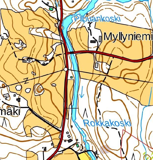 Korkeuskäyristä voi myös arvioida siis kosken pudotuskorkeuden tai laskea, kuinka paljon uoma viettää. Korkeuskäyrien väli on 5 m, ja katkoviivalla merkityt välikäyrät tarkoittavat 2,5 m korkeuseroa.