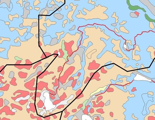 Liitteessä 2 on GTK:n maaperäkartan selitteet. Jos uoma kulkee kokonaan tai osittain sora- (Sr), hiekka- (Hk), soramoreeni- (Mr), hiekkamoreenimaa-alueen läpi (SrMr), merkitään tietokantaan 1.