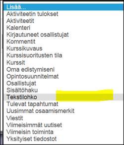 4 Lisää lohko alhaalta vasemmalta Valitse alasvetovalikosta Tekstilohko, jos lisäät opettajan tiedot tai KAMK- logon.