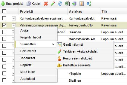 Pikavalikko Pikavalikosta on mahdollista siirtyä suoraan projektin välilehdelle. Pikavalikko Huomaa, että projekteja, joihin on raportoitu aikaa, ei voida poistaa.