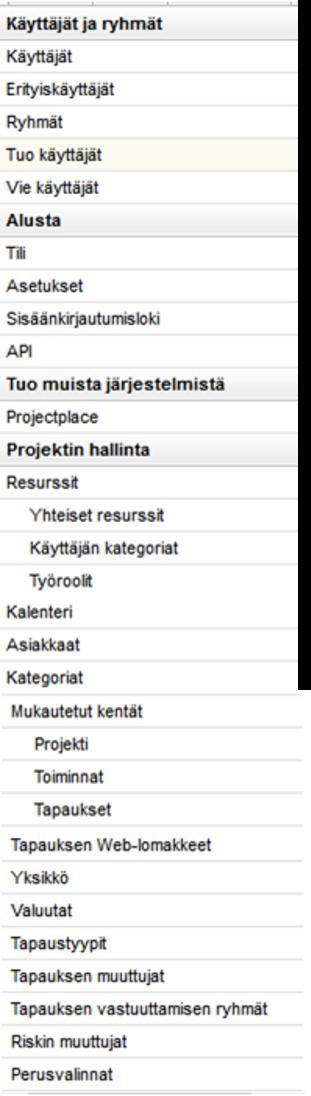 Asetukset Projektinhallinnan moduuleita ja toimintoja ohjataan ja määritellään Asetukset moduulissa.