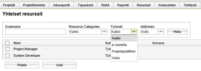 Käyttäjät Käyttäjän lisätiedot -asetuksissa näkyvät kaikki projekteille määritetyt kategoriat, jotka on asetettu Asetukset-moduulin Projektin hallinnassa (Kategoriat). Lisää kategorioista jäljempänä.