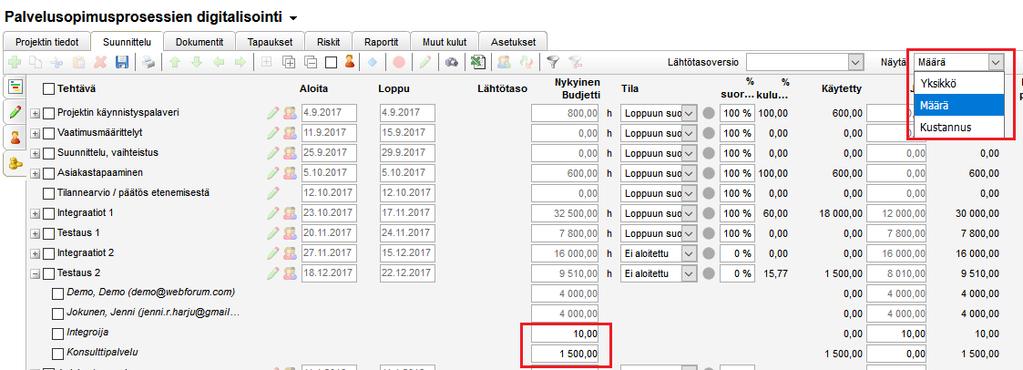 Muut voidaan budjetoida projektin Suunnittelussa, Budjetti- ja seuranta -välilehdellä. Valitse kohdasta Näytä Määrä tai Kustannus, ja budjetoi kulut.