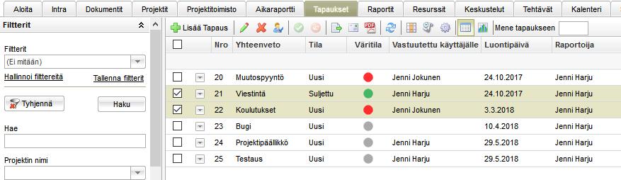 Tapaukset Tapaukset on saatavilla ylätason moduulina ja myös projektin välilehtenä. Ylimmällä tasolla on mahdollista nähdä ja työskennellä Tapauksien kanssa projektista riippumatta.