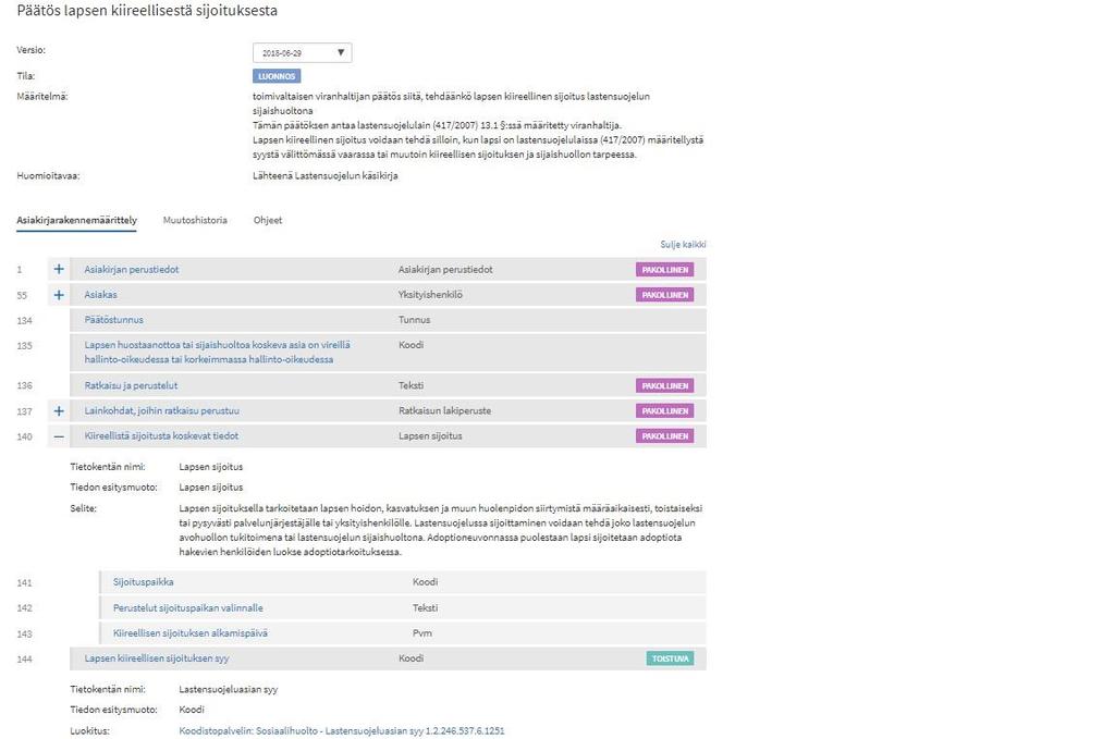 Esimerkki asiakasasiakirjarakenteesta Kuva 11. Esimerkki asiakasasiakirjarakenteesta Asiakirjan nimi Asiakirjan määritelmä, joka kuvaa asiakirjan käyttötarkoitusta.