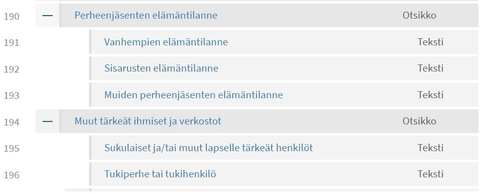 Esimerkki tietojen ryhmittelystä Asiakasasiakirjarakenteessa kuvataan sisällöllisesti yhteenkuuluvien tietojen ryhmittelyä sisentämällä tietokenttiä. Ks. kuvat 14 ja 15. Kuva 14.