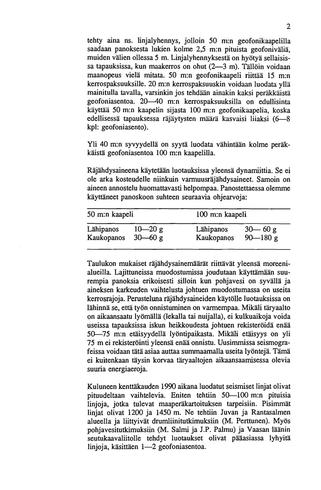 tehty aina ns. linjaly hennys, jolloin 50 m:n geofonikaapelilla saadaan panoksesta lukien kolme 2,5 m:n pituista geofoniväliä, muiden välien ollessa 5 m.