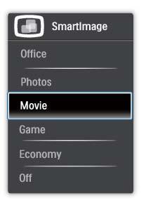3. Kuvan optimointi Valittavanasi on kuusi tilaa: Office (Toimisto), Photo (Valokuva), Movie (Elokuva), Game (Peli), Economy (Säästö) ja Off (Pois) päältä. 3.2 SmartContrast Määritelmä?