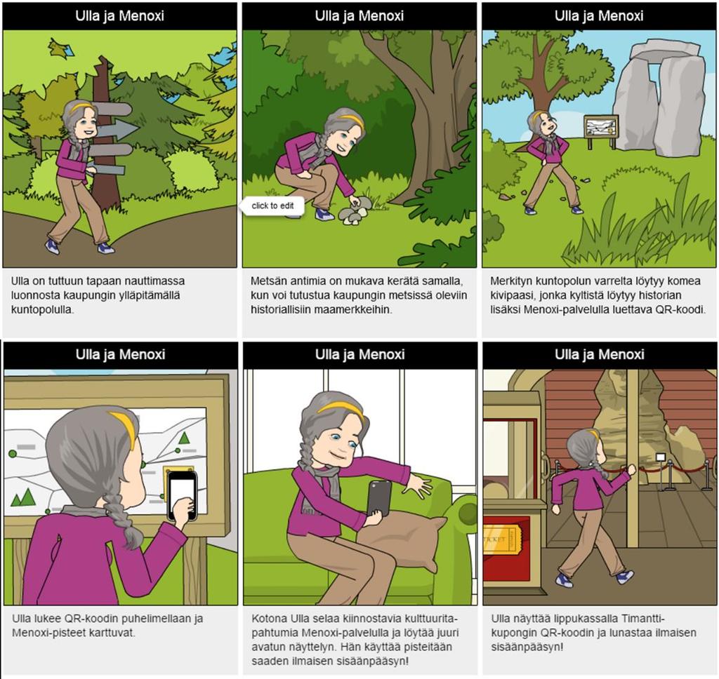 56 Kuvio 27: Ulla ja Menoxi-palvelu käyttäjätarina Käyttäjätarinoiden graafisessa toteutuksessa käytettiin Pixton Comics Inc. palvelun maksutonta versiota.