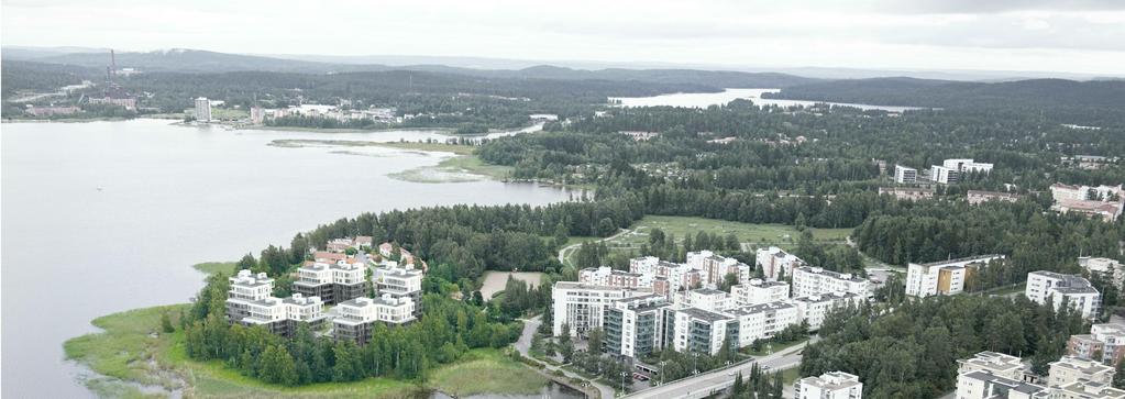 VIISTOKUVASOVITUS LIITTYMINEN YMPÄRISTÖÖN - KEHÄT Jyväsjärvi, ruovikko, rantarinne ja -puisto kiertyvät kehinä korttelin ympärille.