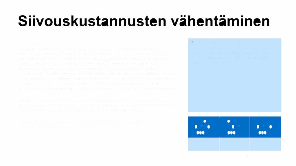 Siivouskustannusten vähentäminen Siivouskustannusten vähentäminen 200.000 eurolla on toteutettu toimintatapoja muuttamalla.