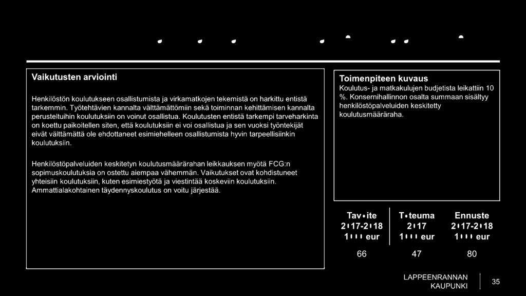 Koulutus- ja matkakuluista leikkaaminen Henkilöstön koulutukseen osallistumista ja virkamatkojen tekemistä on harkittu entistä tarkemmin.