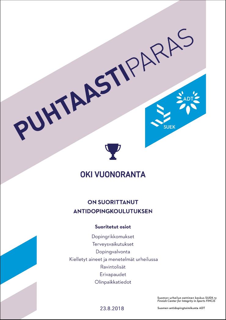 ANTIDOPING Puhtaasti paras -verkkokoulutus Puhtaasti paras on verkkokoulutus, jonka avulla urheilijat ja heidän tukihenkilönsä voivat oppia ja