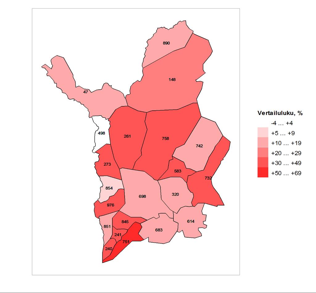 Kartta 1. Vertailutieto koko maan tilanteeseen nähden vammojen ja myrkytysten aiheuttamien hoitojaksojen osalta alueen kunnissa vuosina 2009-2013.