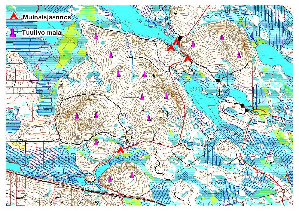 11(74) Kuva 6. Muinaisjäännökset 3.1.7 Arvokkaat maisemakokonaisuudet ja kulttuuriympäristöt Ympäristövaikutusten arviointiselostuksen (WSP Finland Oy) mukaan tuulivoimahankkeiden läheisyydessä on