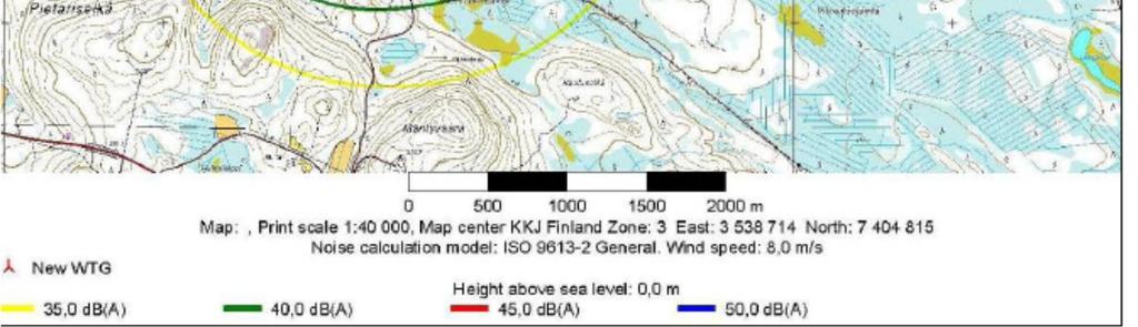 Kuvan mukaisesti 40 db(a):n mukainen melu ulottuu Ylimmäisellä Mikonjärvellä olevalle lomakiinteistölle (musta