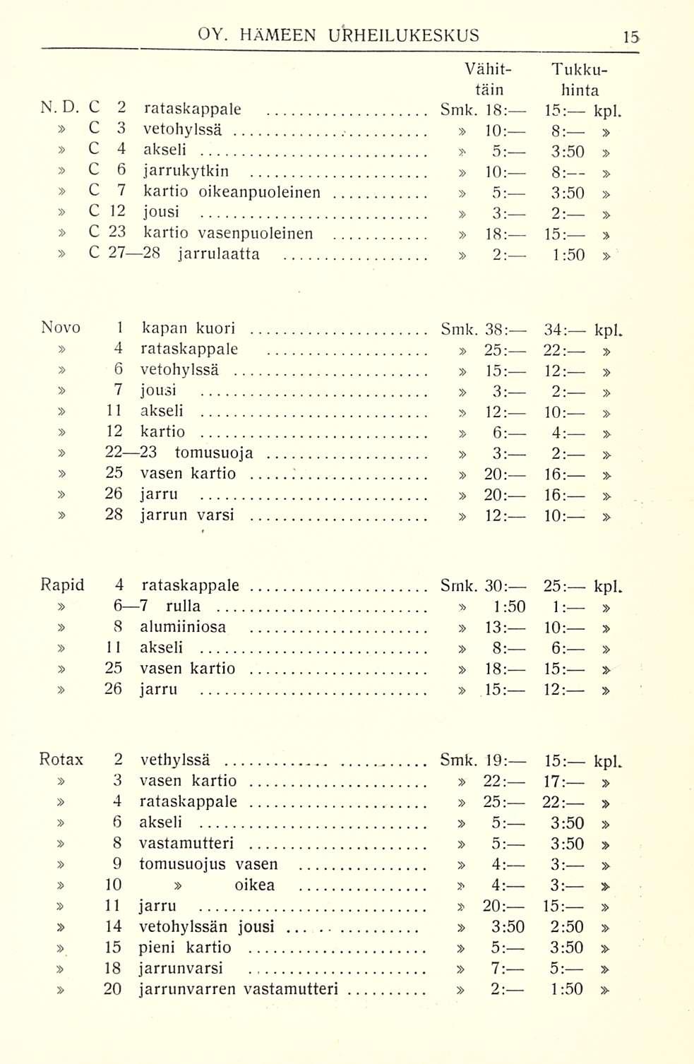 Vähit- Tukkutäin hinta N.D. C 2 rataskappale Smk. 18: 15; kpl. C 3 vetohylssä.