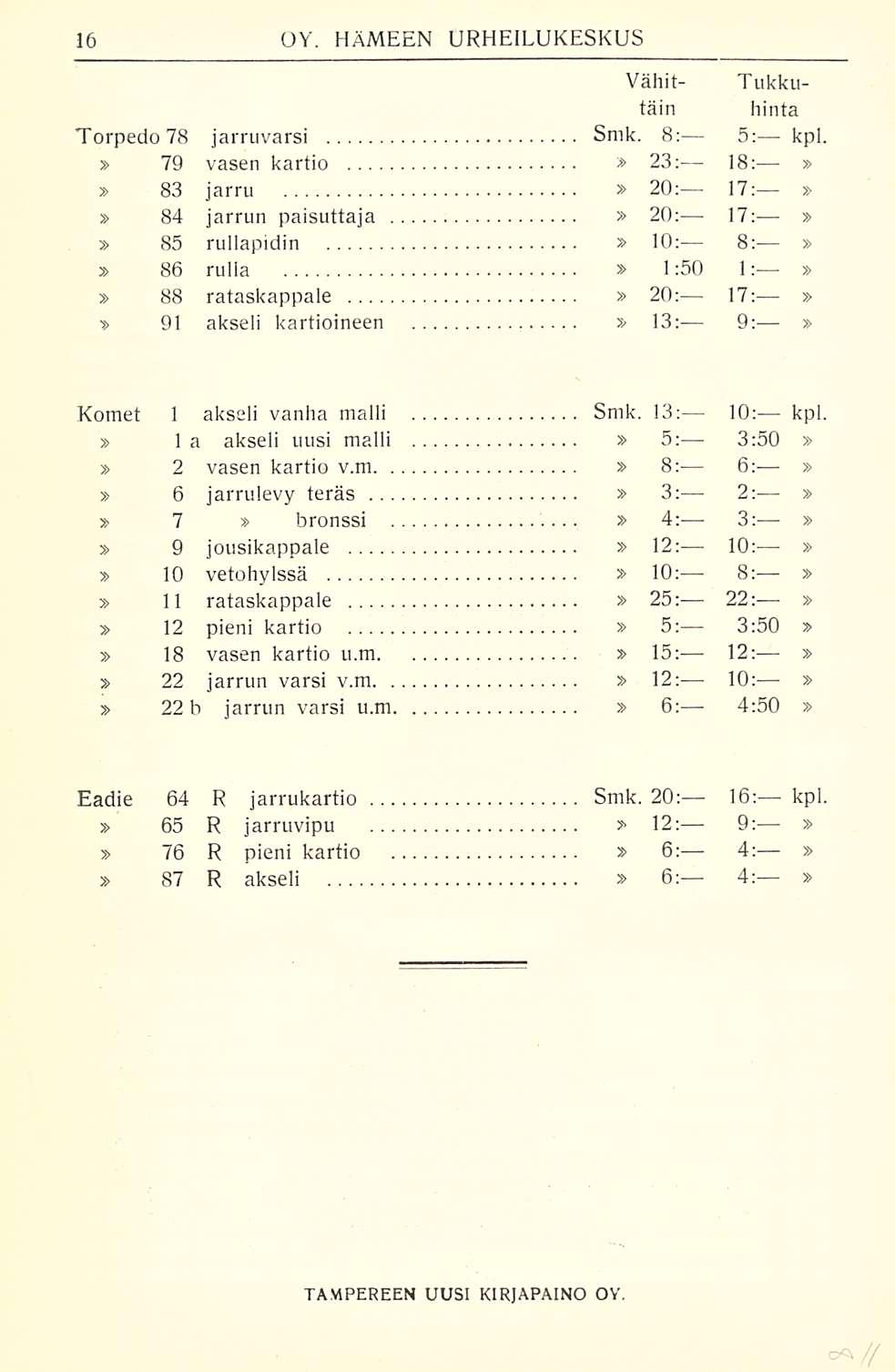 Vähit- Tukkutain hinta Torpedo 78 jarruvarsi Smk.