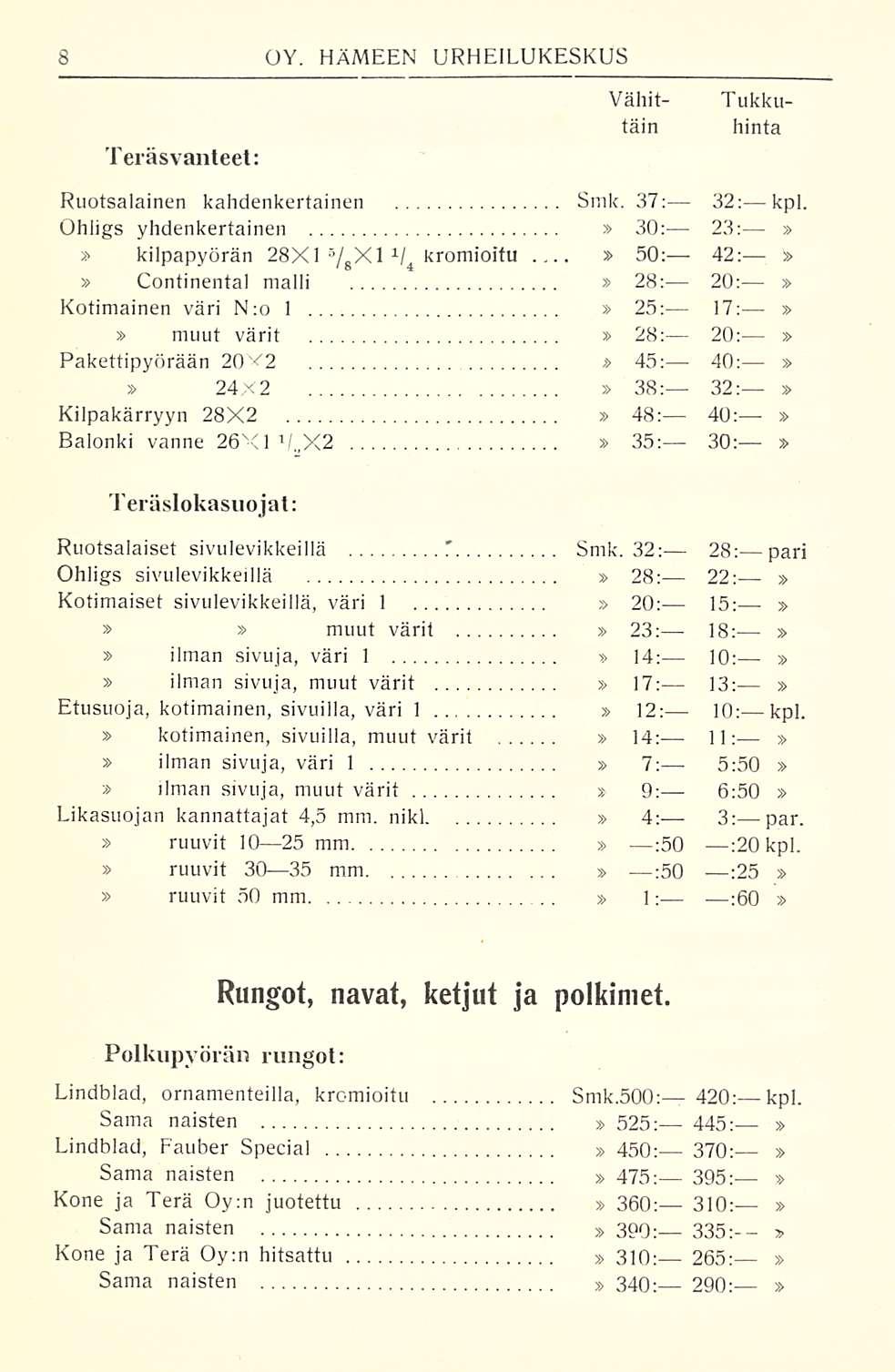 ' Teräsvanteet: OY. HÄMEEN URHEILUKESKUS Tukku- hinta Vähittäin Ruotsalainen kahdenkertainen Smk. 37: 32: kpl. Ohligs yhdenkertainen 30: 23: 50: 42: S kilpapyörän 28X1 5 / B XI 1 / 4 kromioitu.