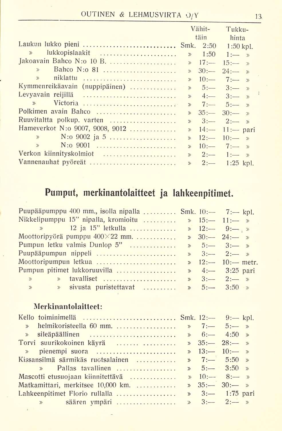 Vähit- Tukkutäin hinta Laukun lukko pieni Smk. 2:50 1:50kpl. lukkopislaakit ] : so 1 : Jakoavain Bahco N:o 10 B 17 jg. : Bahco N:o 81 30: 24: niklattu ]Q : 7 :.