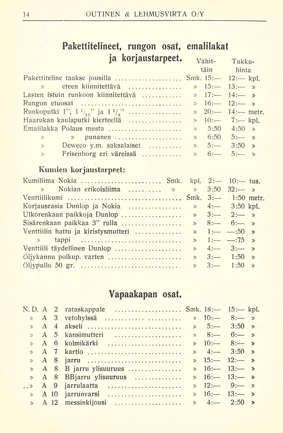 Pakettitelineet, rungon osat, emalilakat ja korjaustarpeet. Vähit- Tukkutain hinta Pakettiteline taakse jousilla Smk. 15: 12: kpl.