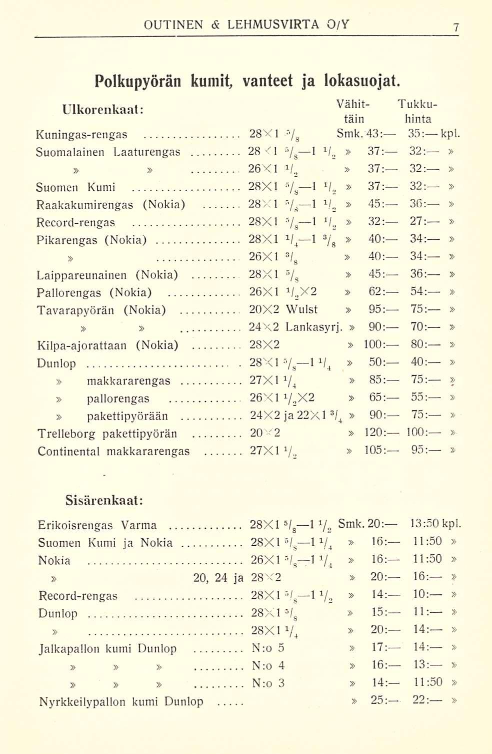 Polkupyörän kumit, Ulkorenkaat: vanteet ja lokasuojat. Tukku- hinta Vähit' täin Kuningas-rengas 28X1 r y g Smk. 43: 35; kpl.