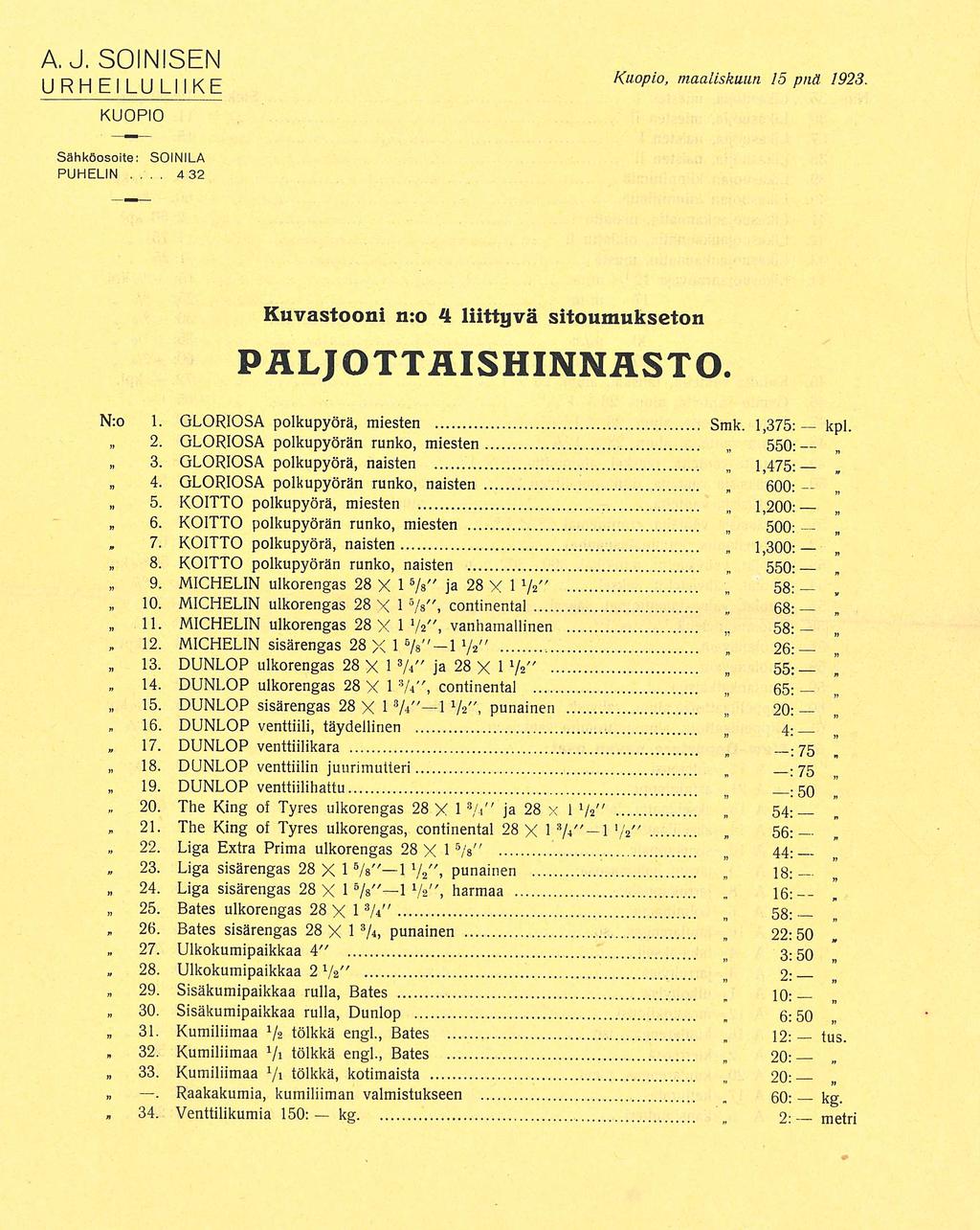 7 16 20 22» 27 28 32 AJSOINISEN Urheilulìke KUOPIO Kuopio 15031923 Sähköosoite: PUHELIN SOINILA 432 Kuvastooni n:o 4 liittyvä sitoumukseton Paljottaishinnasto N:o 1 GLORIOSA polkupyörä miesten Smk