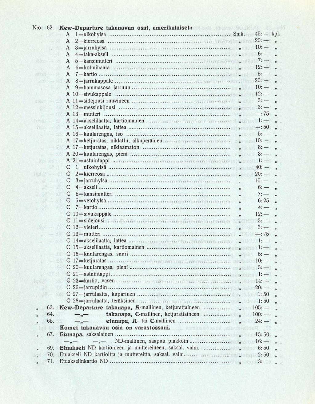 astuintappi NDmallinen 40: 5: 10: 3: N:o 62 NewDeparture takanavan osat amerikalaiset; A l=ulkohylsä Smk 45; kpl A 2=kierreosa 20: A 3=jarruhylsä 10: A 4=takaakseli 6: A s=kansimutteri 7: A