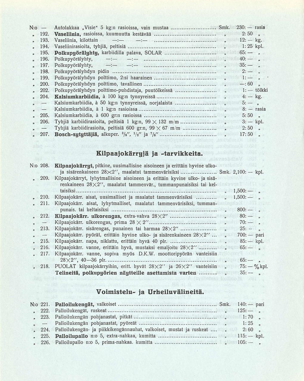 194 200 217 2:50 70: 115: ~ N:o Autolakkaa Visie 5 kg;n rasioissa vain mustaa Smk 230: rasia 192 Vaseliinia rasioissa kuumuutta kestävää 2:50 193 Vaseliinia kilottain : 12: kg Vaseliinirasioita