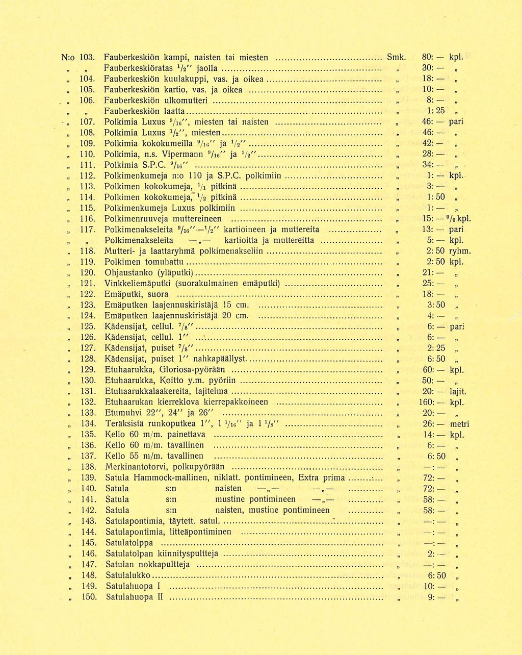 104 106 107 112 114 116 120 123 124 131 135 142 kartioitta 30: 1: 21: 3:50 14: N:o 103 Fauberkeskiön kampi naisten tai miesten Smk 80: kpl Fauberkeskiöratas V2" jaolla Fauberkeskiön kuulakuppi vas ja