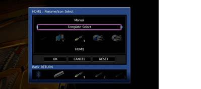 Rename/Icon Select Muuta ohjelmalähteen nimeä ja kuvaketta, joka näkyy etulevyn näytössä tai televisioruudussa. Ohjelmalähteet HDMI 1-5, V-AUX, AV 1-6, AUDIO 1-2, USB, PHONO?