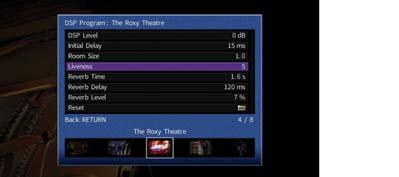 4 Valitse nuolipainikkeilla ( / ) haluamasi kohta ja paina ENTER. DSP Program-valikon asetukset Eri ääniohjelmien ja tilaäänidekooderien kohdalla muutettavissa olevat asetukset ovat erilaiset.