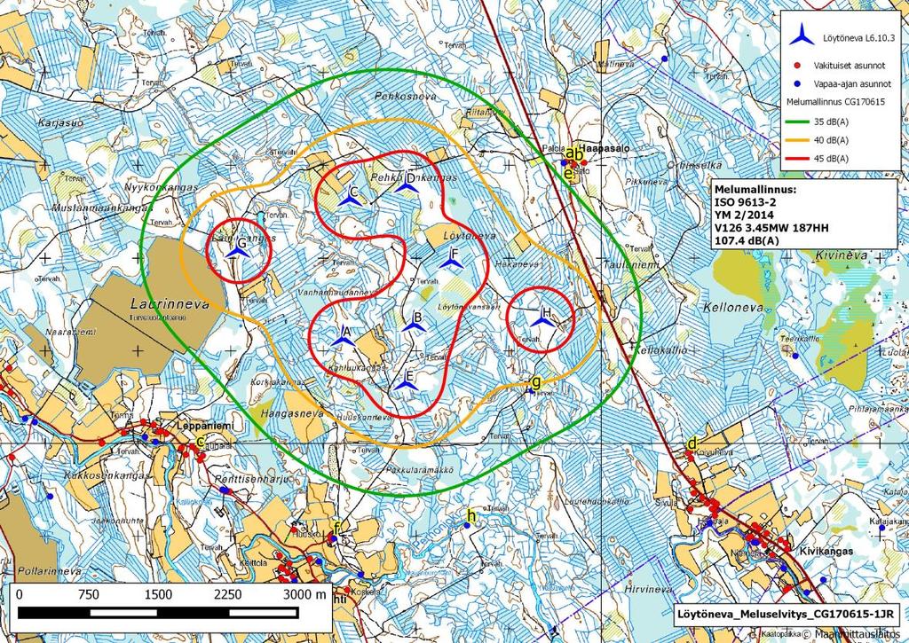 Sivu 10 / 19 Kuva 2. Löytönevan tuulivoimapuiston melumallinnus. Kuvassa kahdeksan havainnointipistettä on merkitty kirjaimilla.