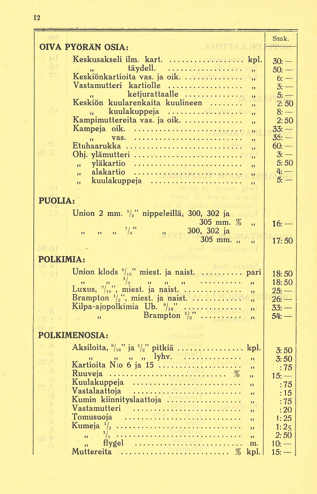 . OIVA PYÖRÄN OSIA: Smk. Keskusakseli ilm. kart kpl. 3Q : täydell... 50; Keskiönkartioita vas.