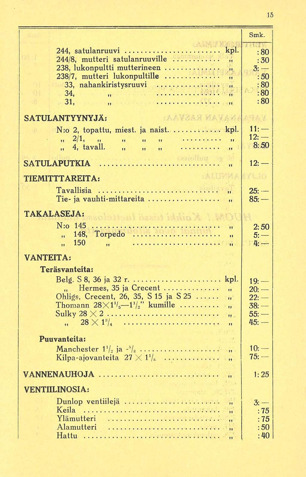 _ Smk. 244, satulanruuvi kpl. : 30 244/8, mutteri.