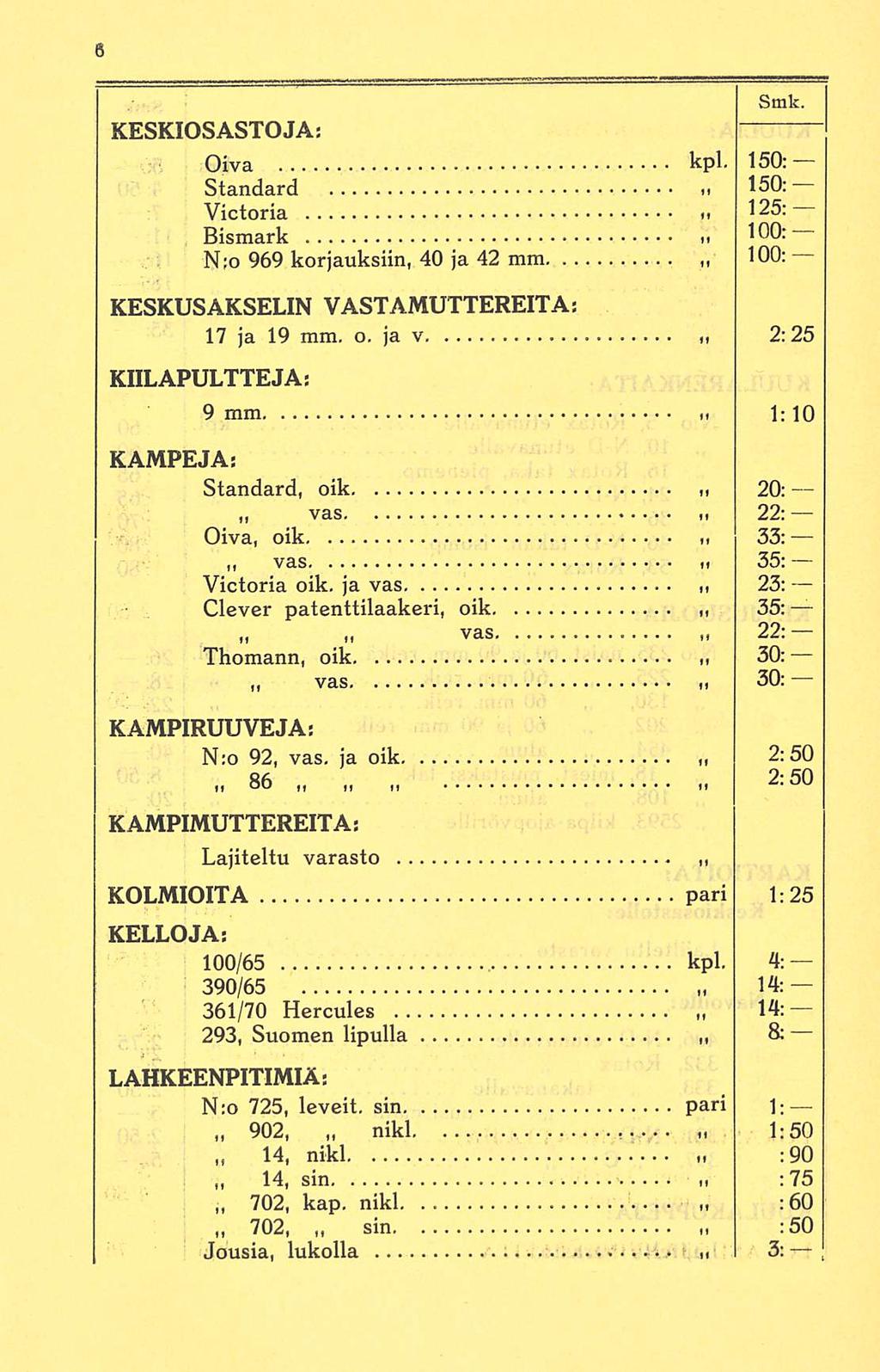 Smk. KESKIOSASTOJA: Oiva kpl. 150:.. Standard 150: Victoria 125: Bismark n 100: N:o 969 korjauksiin, 40 ja 42 mm 100: KESKUSAKSELIN VASTAMUTTEREITA: 17 ja 19 mm, o.