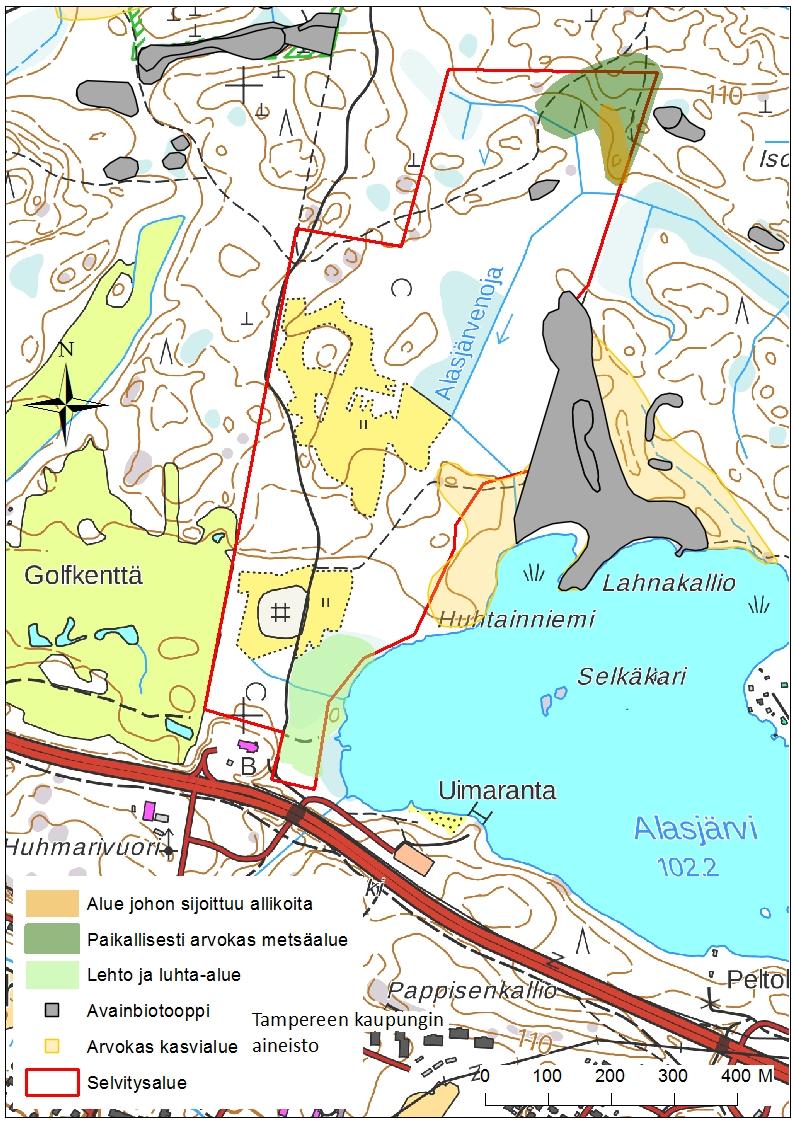 6 (14) 27.1.2017 Frisbeegolfradan luontoselvitys Kuva 2. Huomionarvoiset kasvillisuuskohteet.