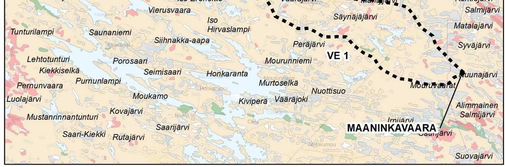 Punaiset alueet=kallio, vaaleanruskea=moreeni, vihreä=hiekka/sora, harmaa=turve. Kallioperä on graniittia johtoreittien länsiosassa Posion Nolimolle asti.