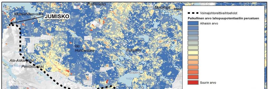 Ympäristövaikutusten arviointiohjelma 29 Kuva 22. Ote Suomen ympäristökeskuksen Zonation-aineistosta, joka kuvaa metsäalueiden paikallista arvoa lahopuupotentiaaliin perustuen.