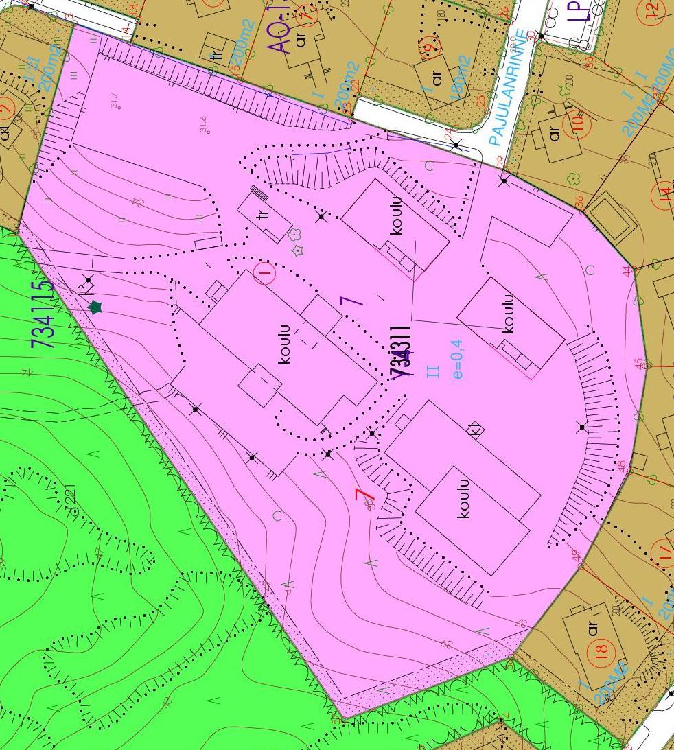 PAJULAN KOULU Y Yleisten rakennusten korttelialue. Kaava sallii kahteen kerrokseen rakentamisen. Kiinteistön pinta-ala 16203m2 Rakennusoikeus e=0.