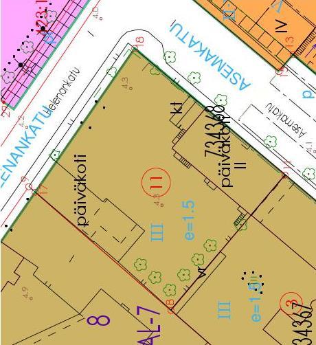 ASEMAKADUN PÄIVÄKOTI AL-7 Liikerakennusten korttelialue. Kaava sallii kolmeen kerrokseen rakentamisen. Kiinteistön pinta-ala 2009m2 Rakennusoikeus e=1.